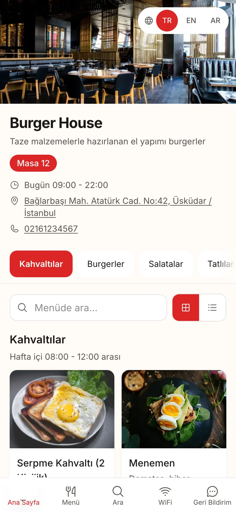 QR Menü: müşterinin telefonunda açılan menü — kapak fotoğrafı, işletme adı, çalışma saati, kategori şeridi ve arama kutusu